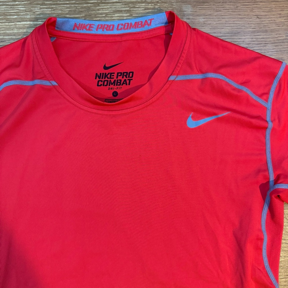 Nike Pro Combat Dri Fit Mens SS Shirt Large Red Compression Workout Gym Fitted